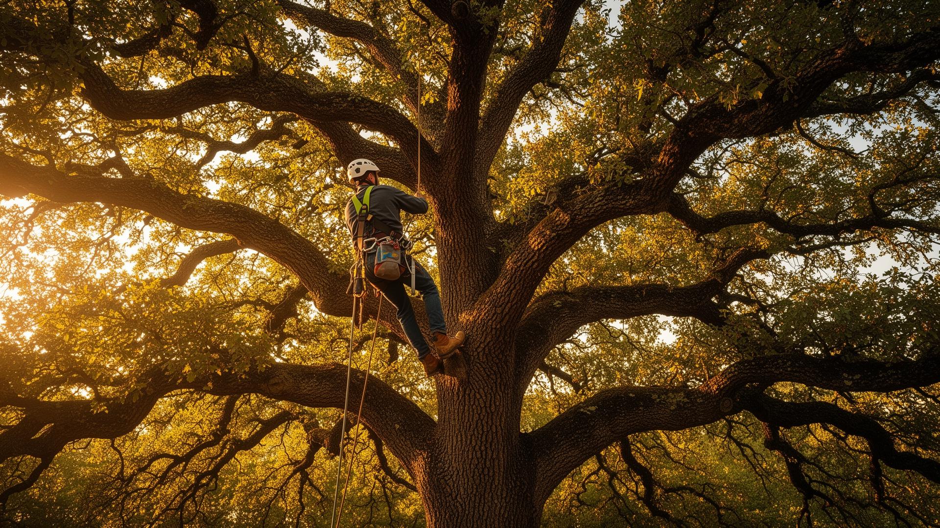 Professional arborist working in oak tree canopy